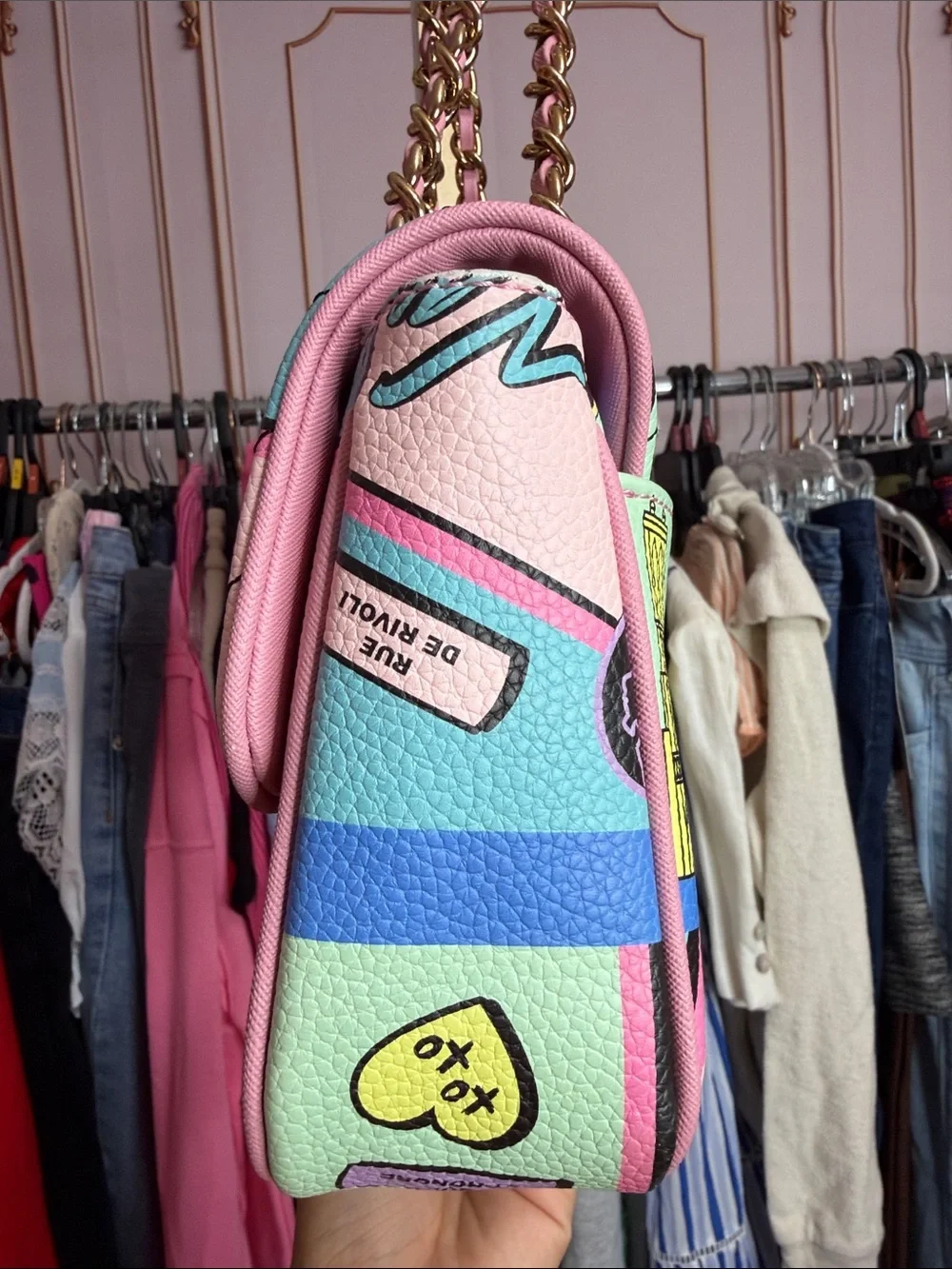 Karl Lagerfeld Paris Quilted Paris Print Chain Shoulder Bag Pink Blue Crossbody